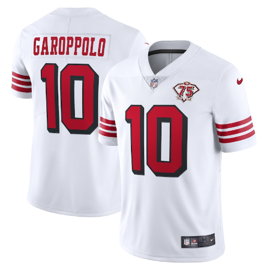 Men's San Francisco 49ers #10 Jimmy Garoppolo 2021 White 2nd 75th Anniversary 2nd Alternate Vapor Untouchable Limited Stitched NFL Jersey